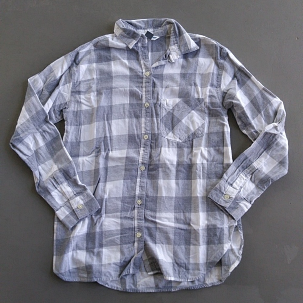 Old Navy The Boyfriend Grey and White Plaid Shirt 100% Cotton